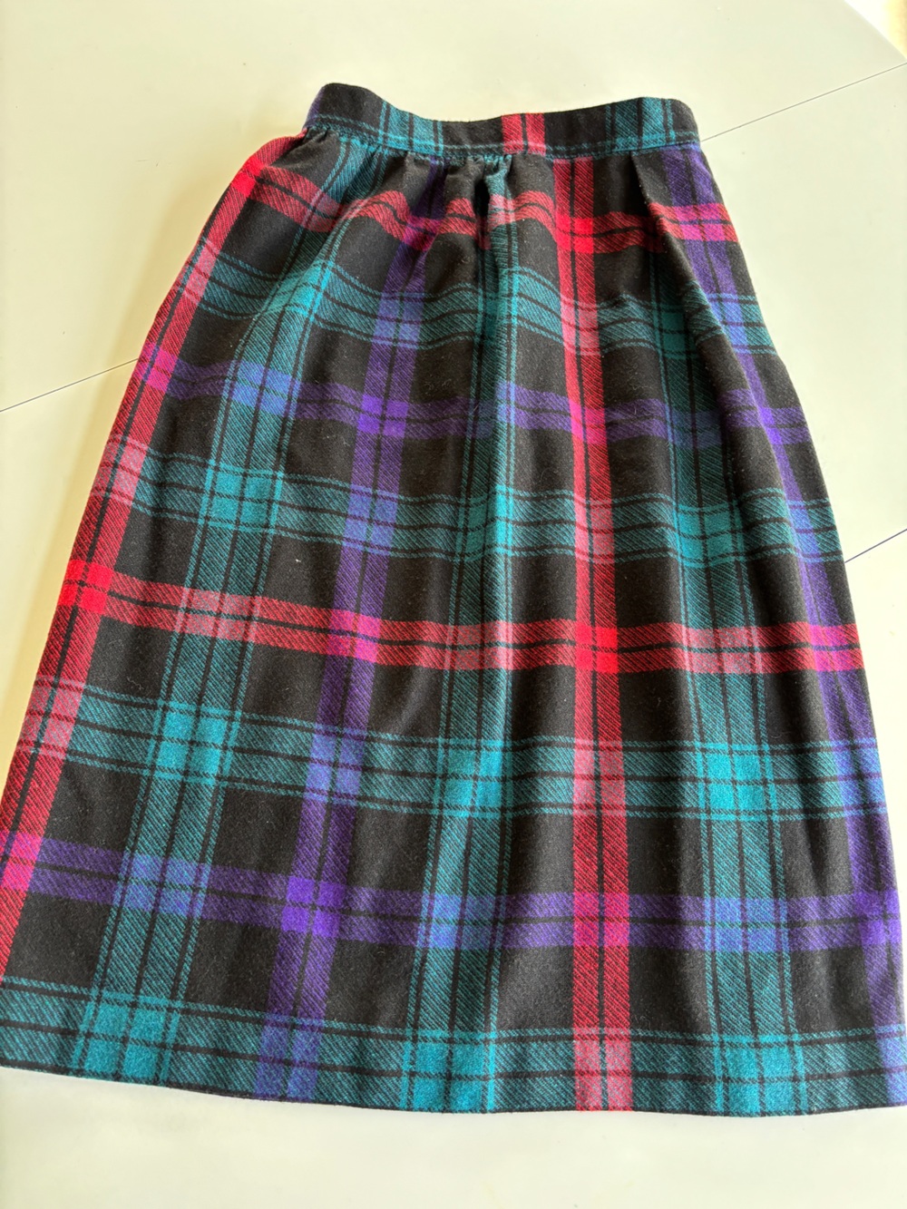 VintageCaitlin and Co. Plaid Midi Skirt in Black with Teal, Purple & Red Stripes